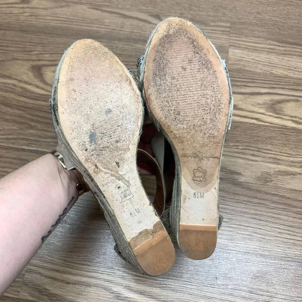 Donald Pliner Espadrille‎ Wedge Shoes 6.5 M Ankle Strap Sandals Beige Sequin